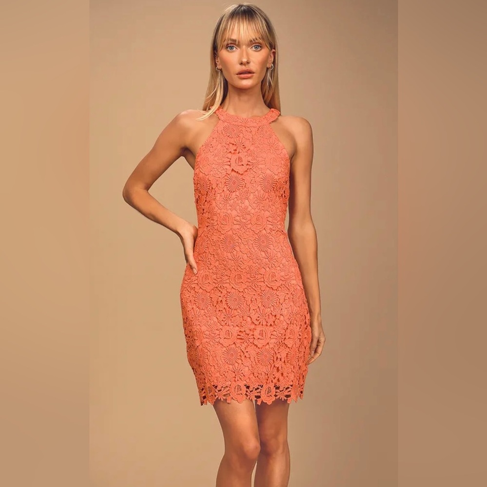 Lulus Coral Orange Lace Mini Dress, size X-Small